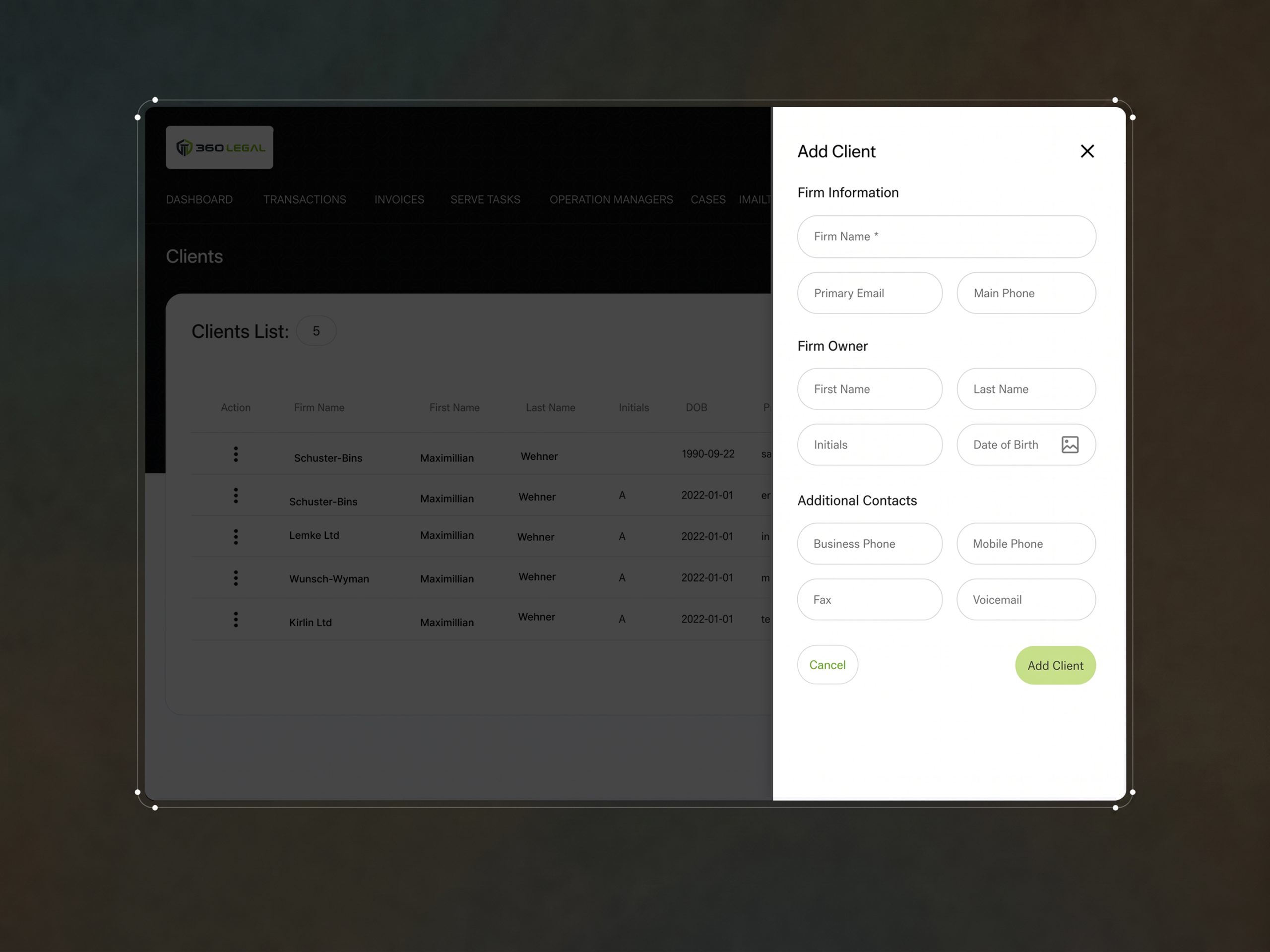 Custom back-office dashboard engineering and interactive side-drawer form component development for 360 Legal platform by ImmensoTech