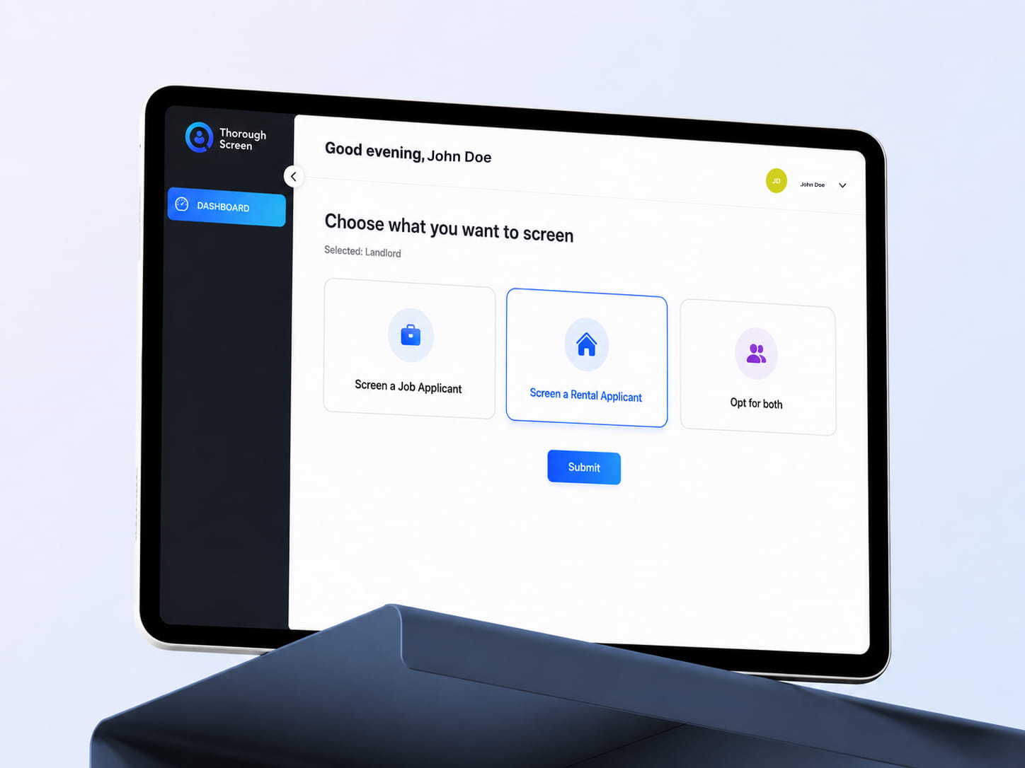 Custom front-end web portal development for Thorough Screen screening options dashboard displayed on a responsive tablet interface by ImmensoTech