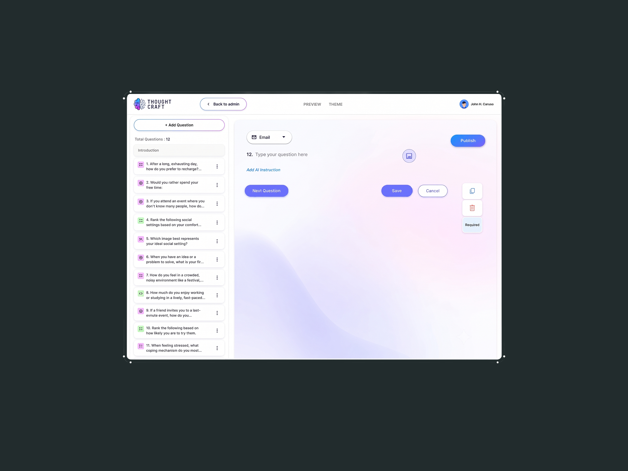 Custom SaaS development for Thought Craft interactive quiz builder showing the email collection field editor designed by ImmensoTech
