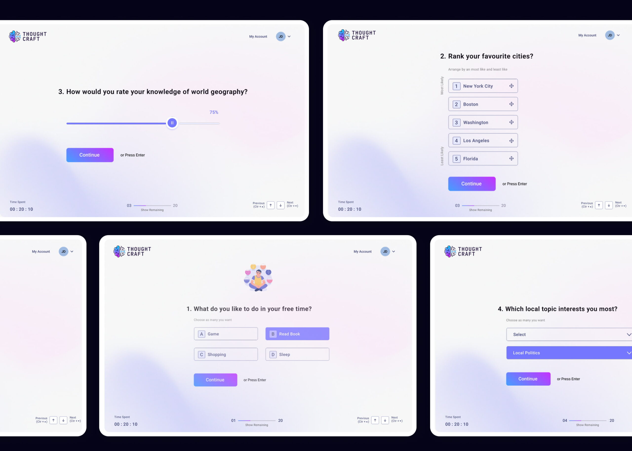 Custom front-end development for Thought Craft web assessment portal featuring multi-format questions, sliders, and ranking UI designed by ImmensoTech