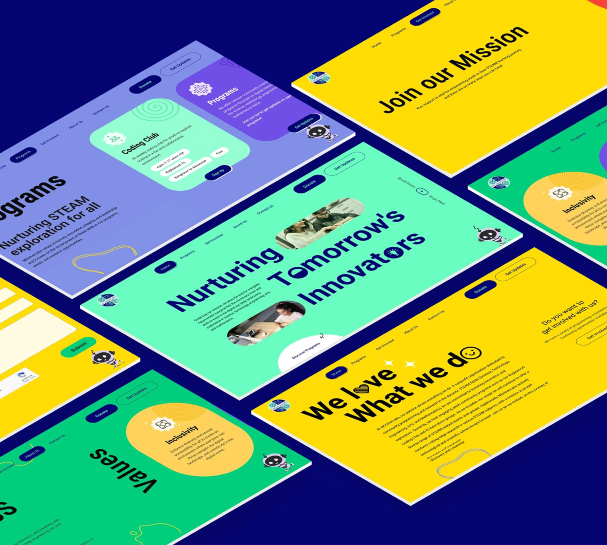 Full-stack web application development for MOrtner Labs educational non-profit platform showcasing multiple modular page layouts designed by ImmensoTech