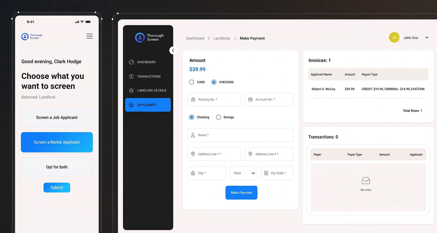 Custom web portal development and responsive interface design for Thorough Screen tenant checking application featuring payment modules by ImmensoTech