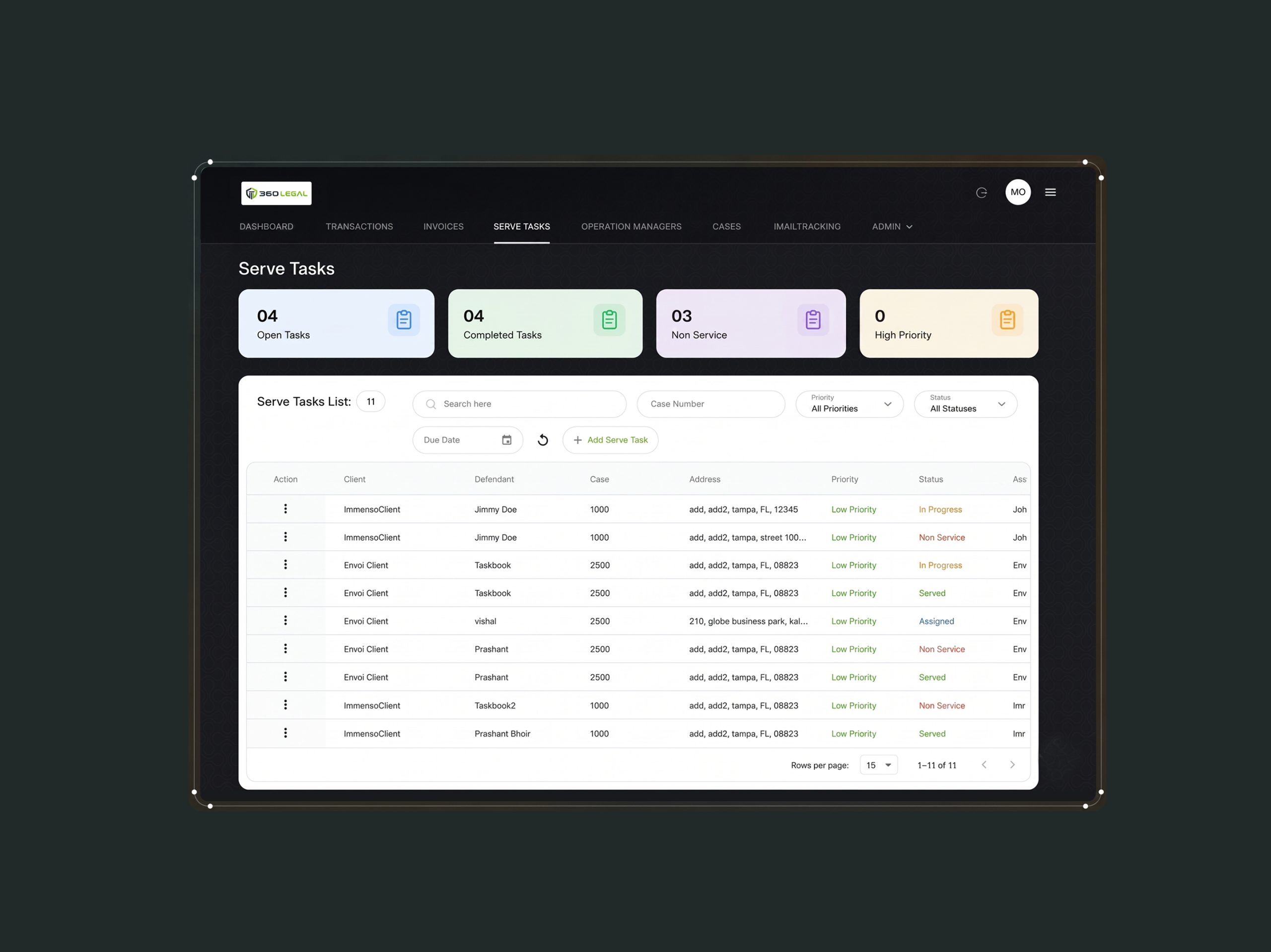 Custom front-end development and secure interactive data table sorting for 360 Legal process serving portal by ImmensoTech