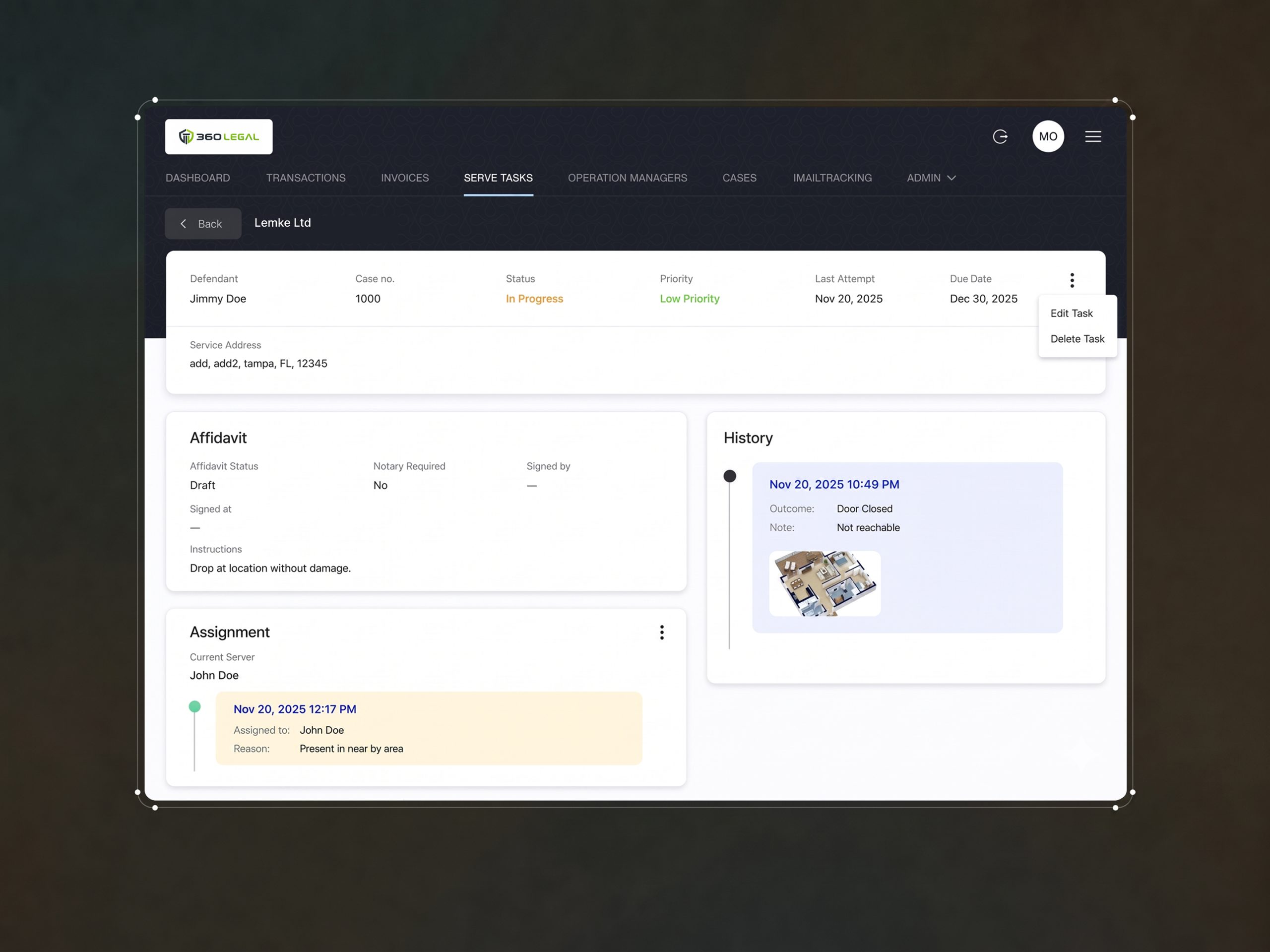 Custom front-end system development for 360 Legal featuring dynamic side drawer modals and relational court case tracking panels by ImmensoTech