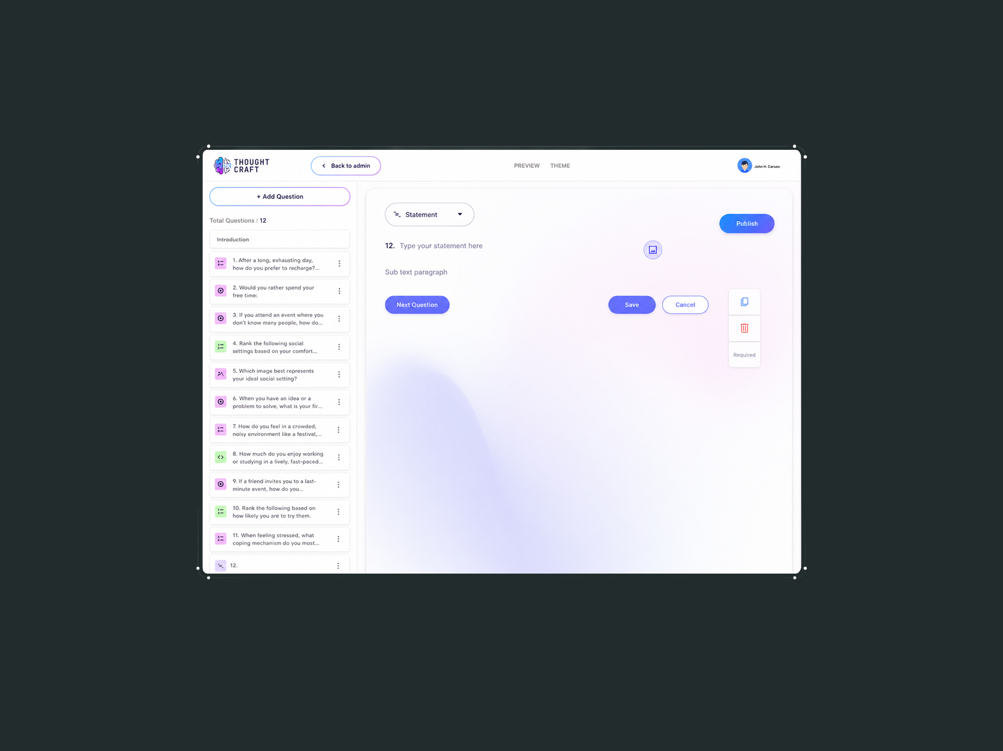 Custom SaaS dashboard development for Thought Craft survey creator application featuring a visual content block editor designed by ImmensoTech