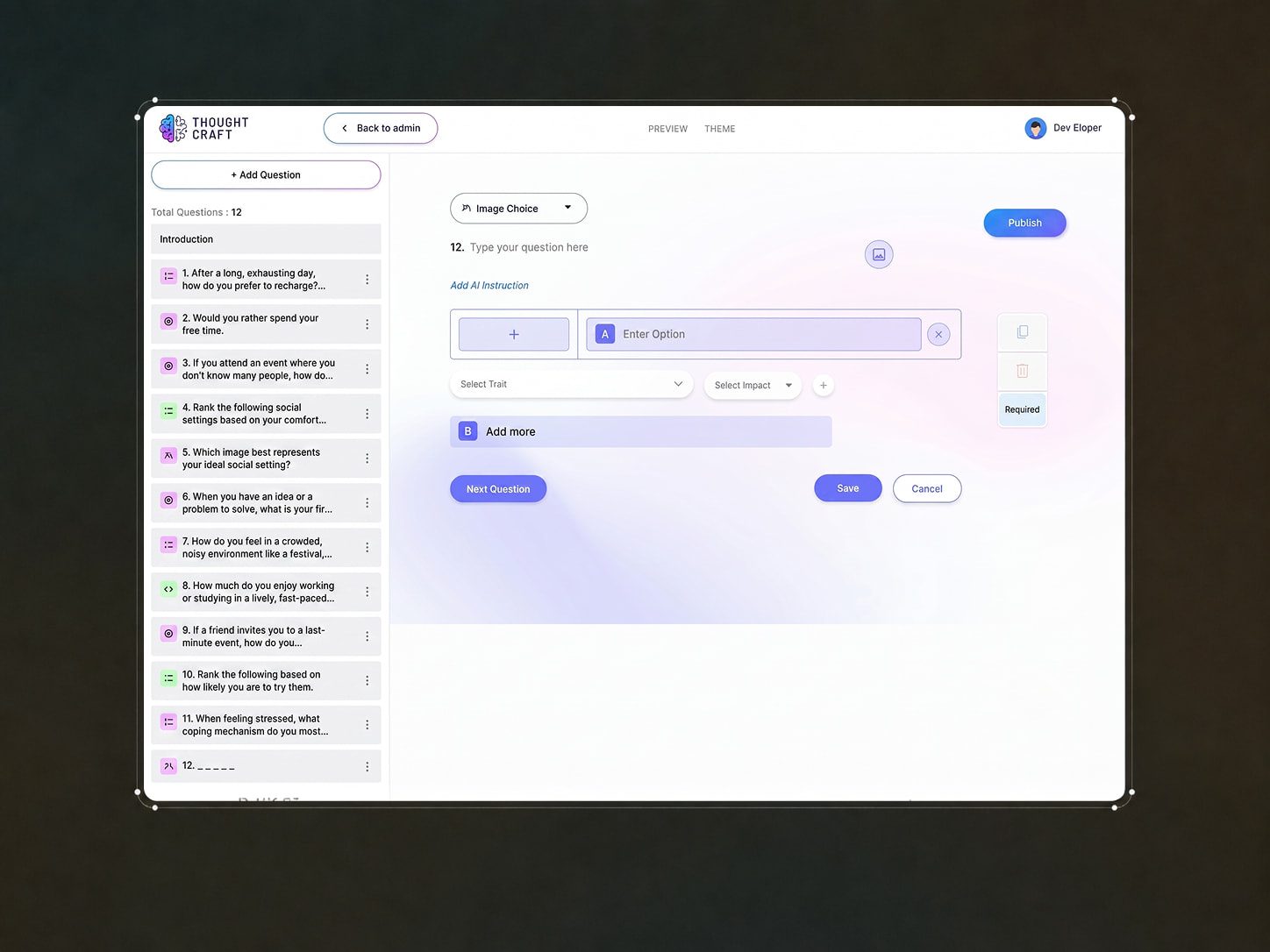 Custom SaaS application development for Thought Craft survey platform displaying a dynamic image choice question builder designed by ImmensoTech