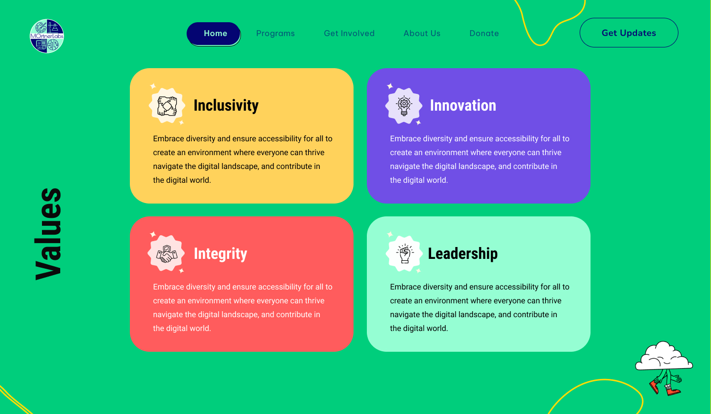 Custom front-end web element development for MOrtner Labs non-profit website values grid section designed by ImmensoTech