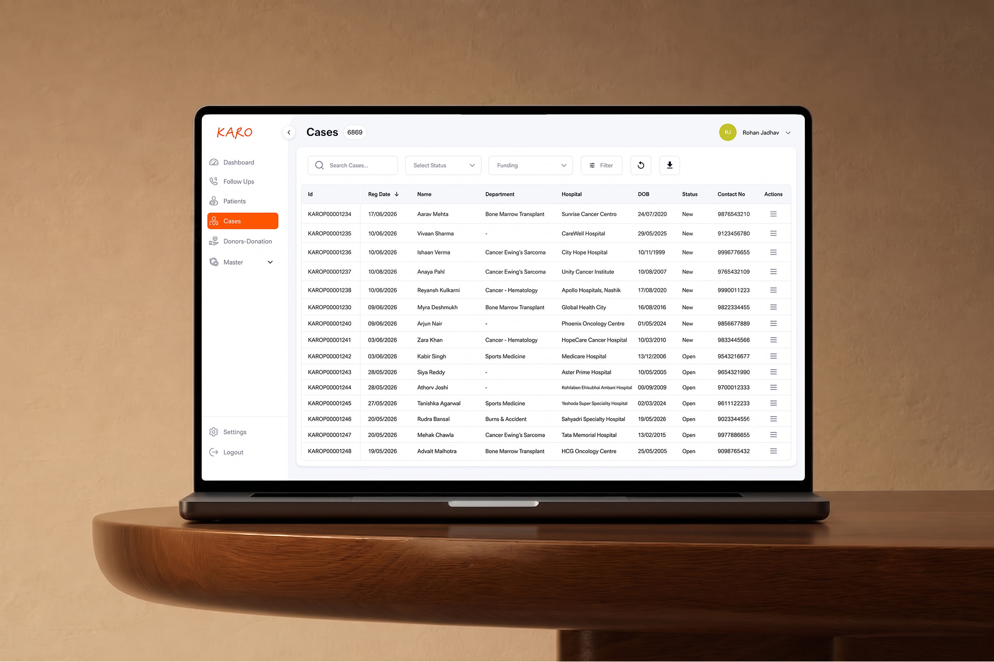 Custom back-end web application development for KARO patient management featuring responsive interactive data tables designed by ImmensoTech