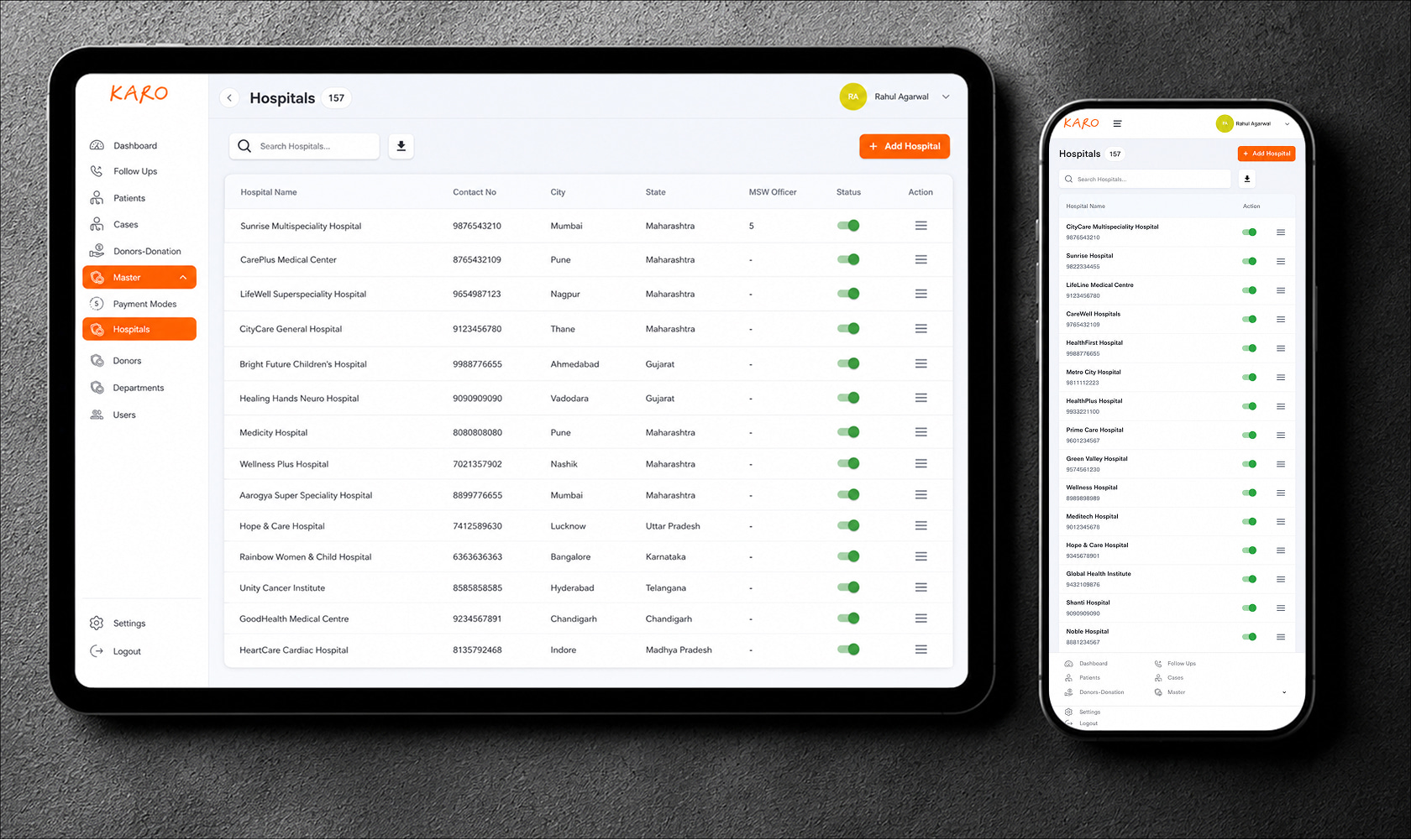 Responsive front-end cross-device development and interactive data filtering for the KARO medical partner management panel by ImmensoTech