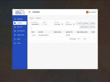 Custom web application front-end development featuring data tables, verification workflows, and compliance reporting built for Florida Screening Compliance by ImmensoTech