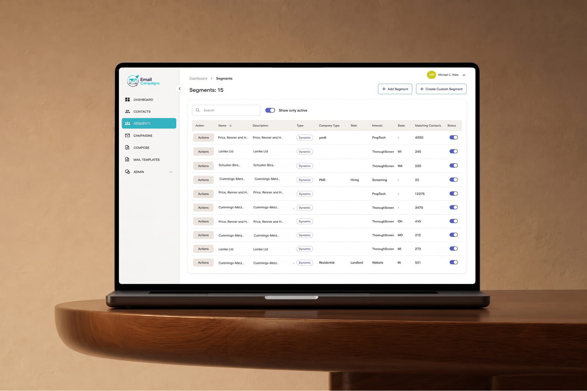 Custom front-end web application development for email contact segmentation and interactive database tables designed by ImmensoTech